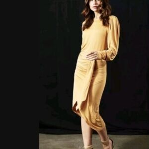 Young fabulous & broke long sleeve marigold drape Fitted Dress midi large